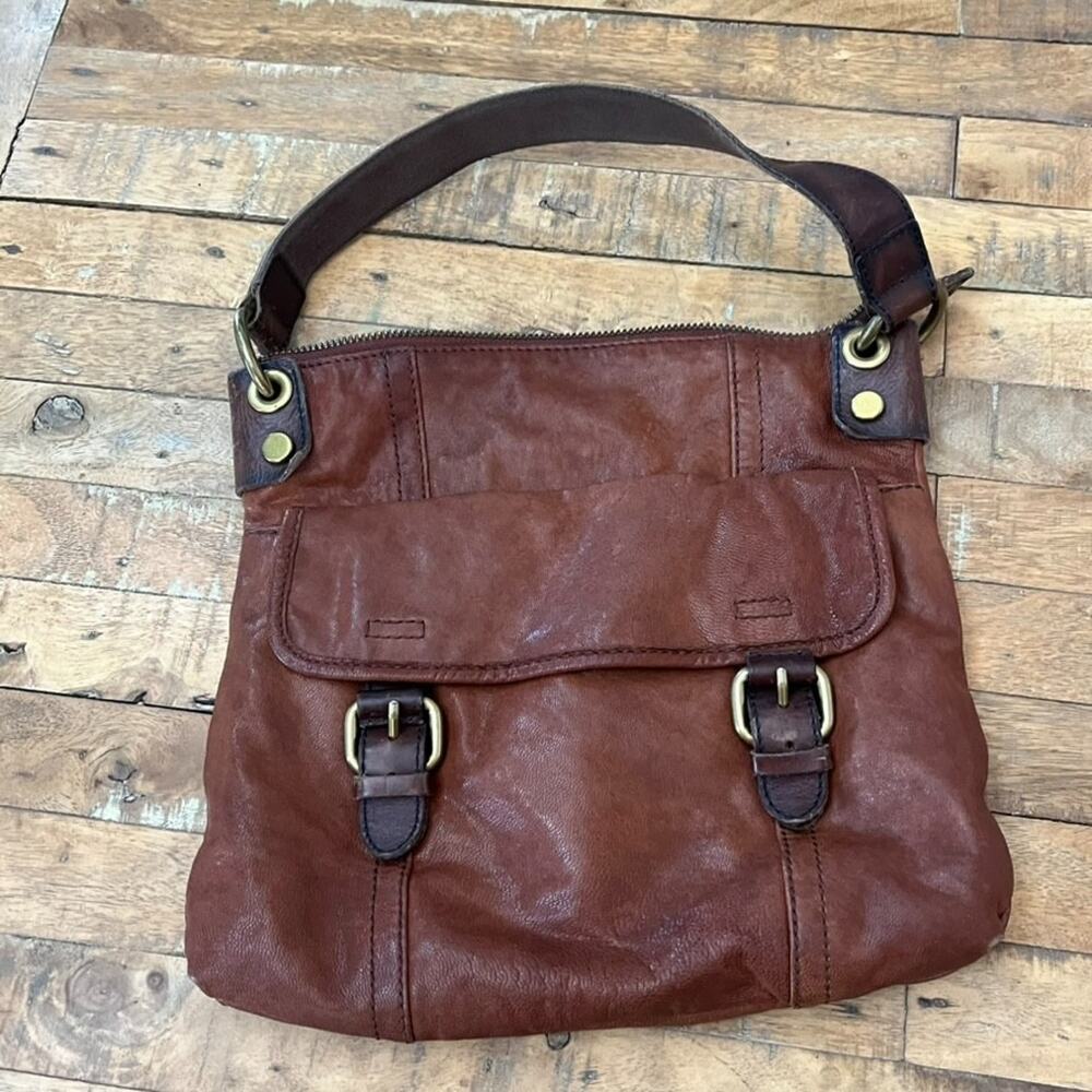 Fossil Long Live Vintage 1954 Chestnut Brown Leather Handbag Hobo Saddle Bag - Picture 2 of 13
